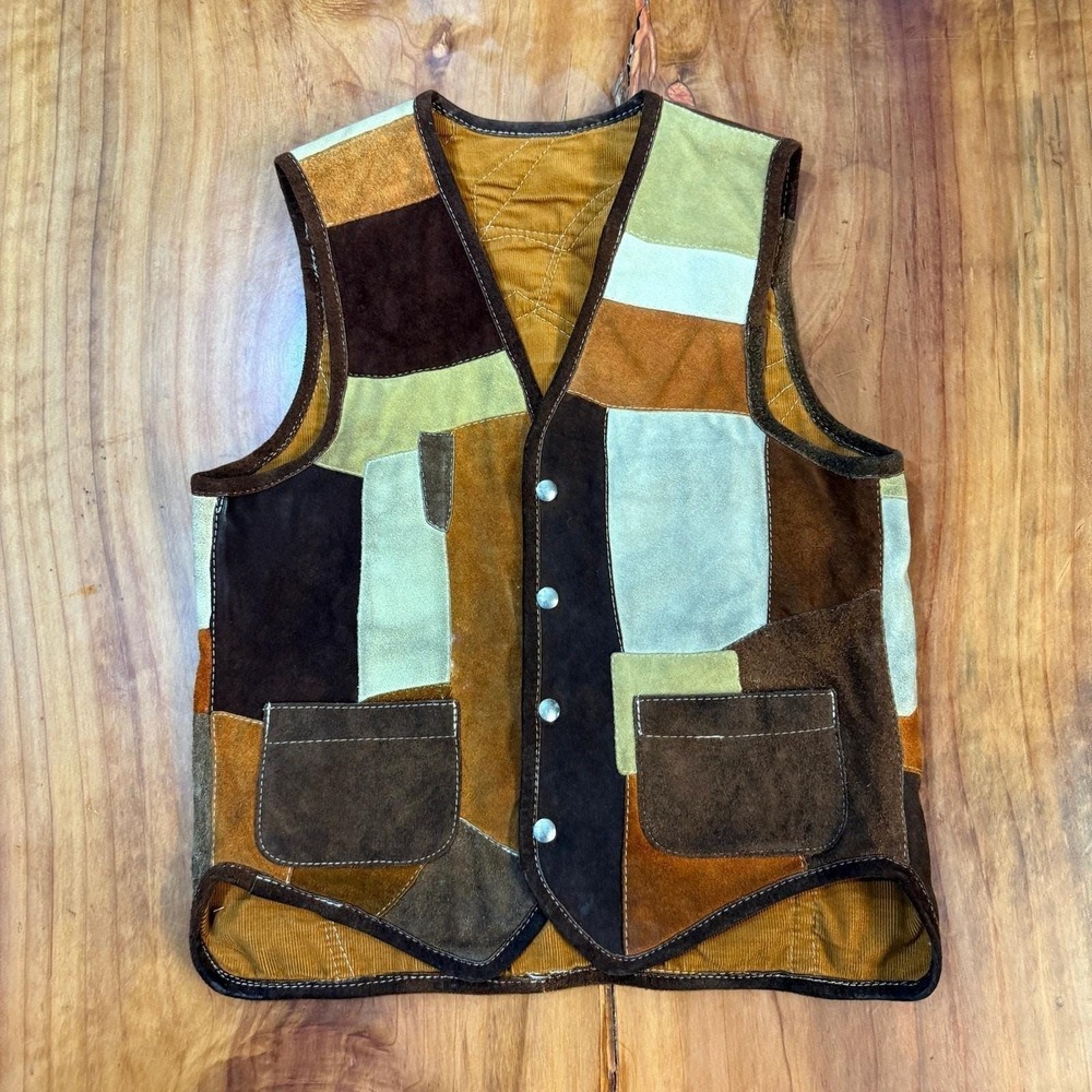Vintage 70's Handmade Patchwork Vest Suede Leather Snap Western Hippie K23